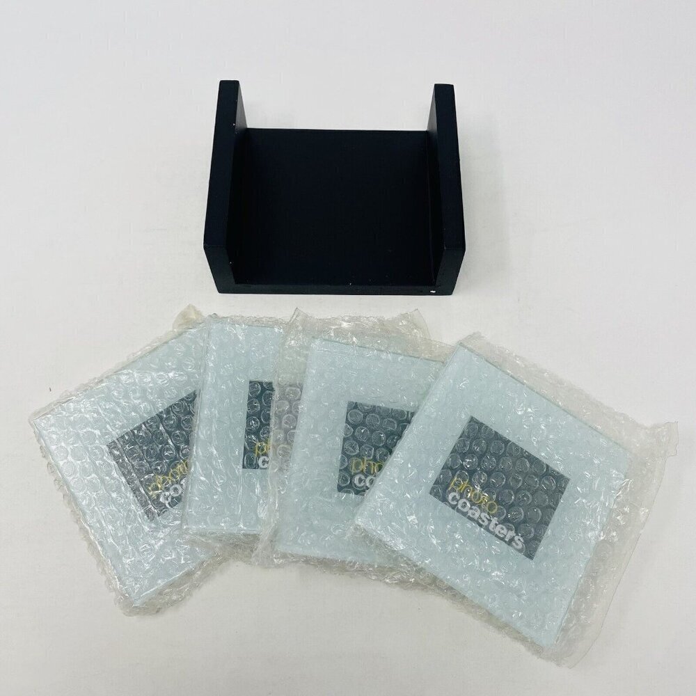4 Pack of Solid Glass Small Photo Coasters with Wooden Storage Rack in Blue